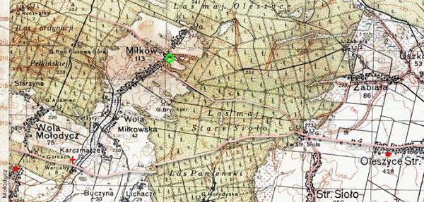 Miłków na mapie z 1938 r.